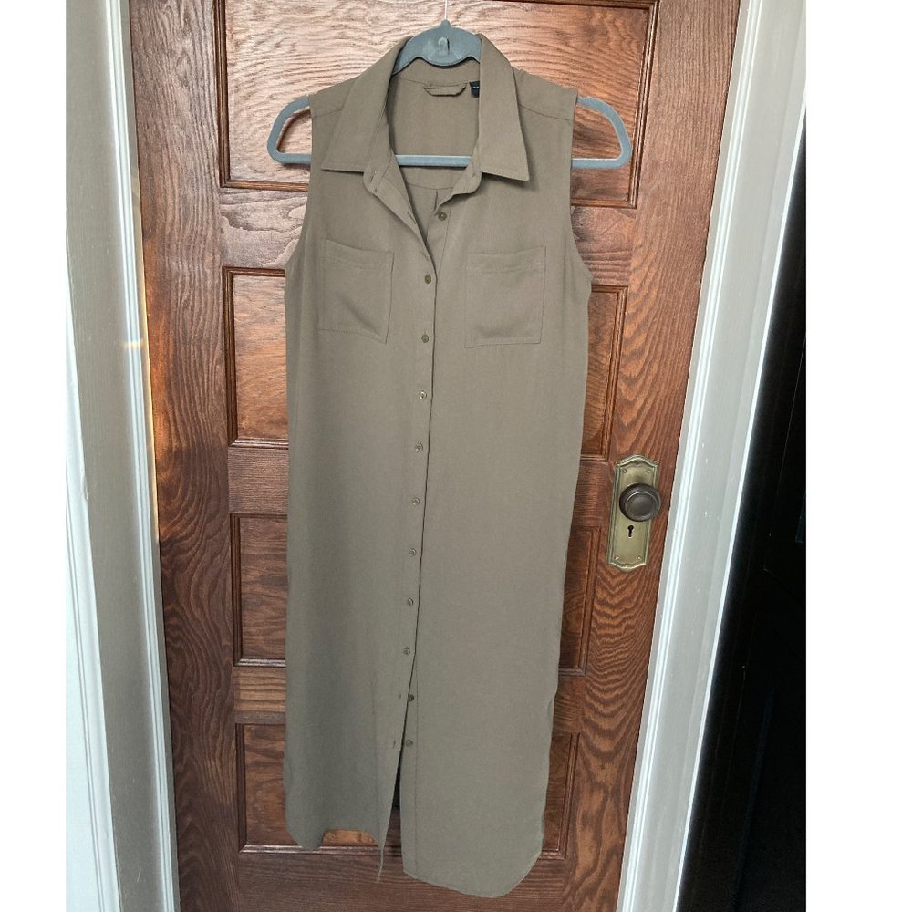 Adrienne Vittadini Olive Green Sleeveless Button-up Tunic Midi Dress